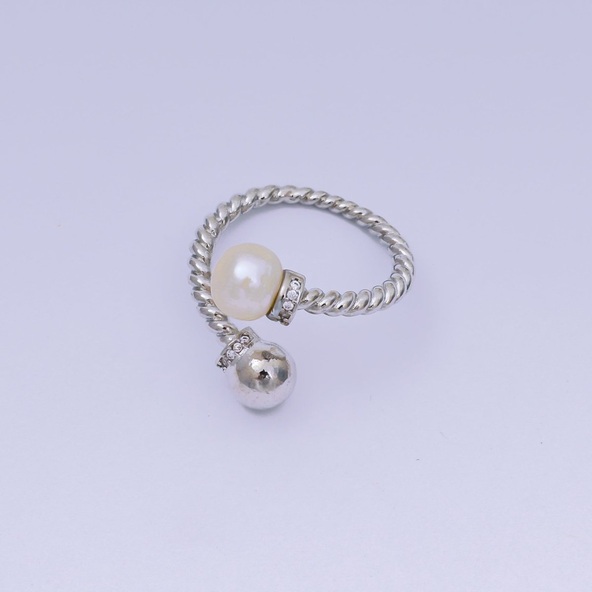 24K Gold Filled Micro Paved CZ Shell Pearl Classic Twisted Rope Promise Adjustable Ring in Gold & Silver | O - 1492 O - 1493 - DLUXCA