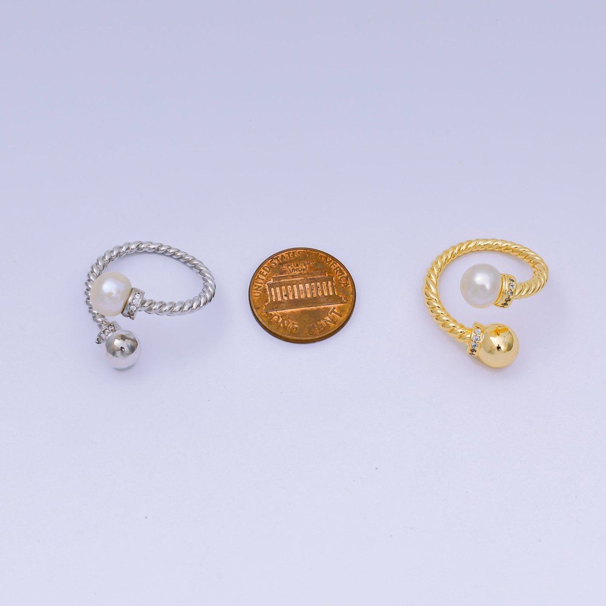 24K Gold Filled Micro Paved CZ Shell Pearl Classic Twisted Rope Promise Adjustable Ring in Gold & Silver | O - 1492 O - 1493 - DLUXCA