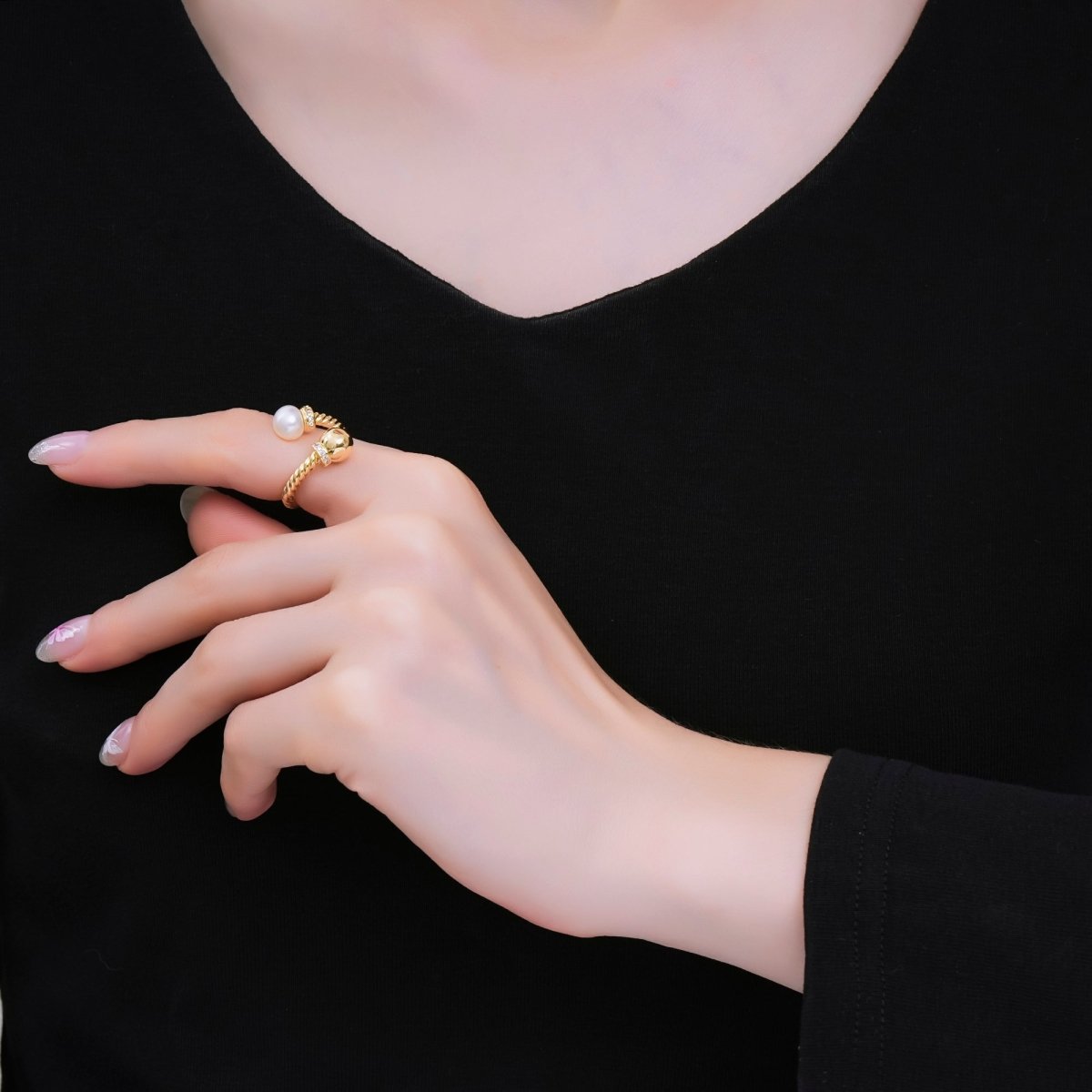 24K Gold Filled Micro Paved CZ Shell Pearl Classic Twisted Rope Promise Adjustable Ring in Gold & Silver | O - 1492 O - 1493 - DLUXCA