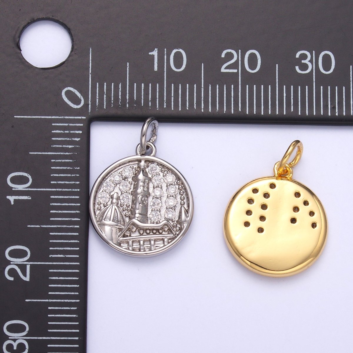 24K Gold Filled Micro Paved CZ Town City Round Charm in Gold & Silver | C049 - DLUXCA