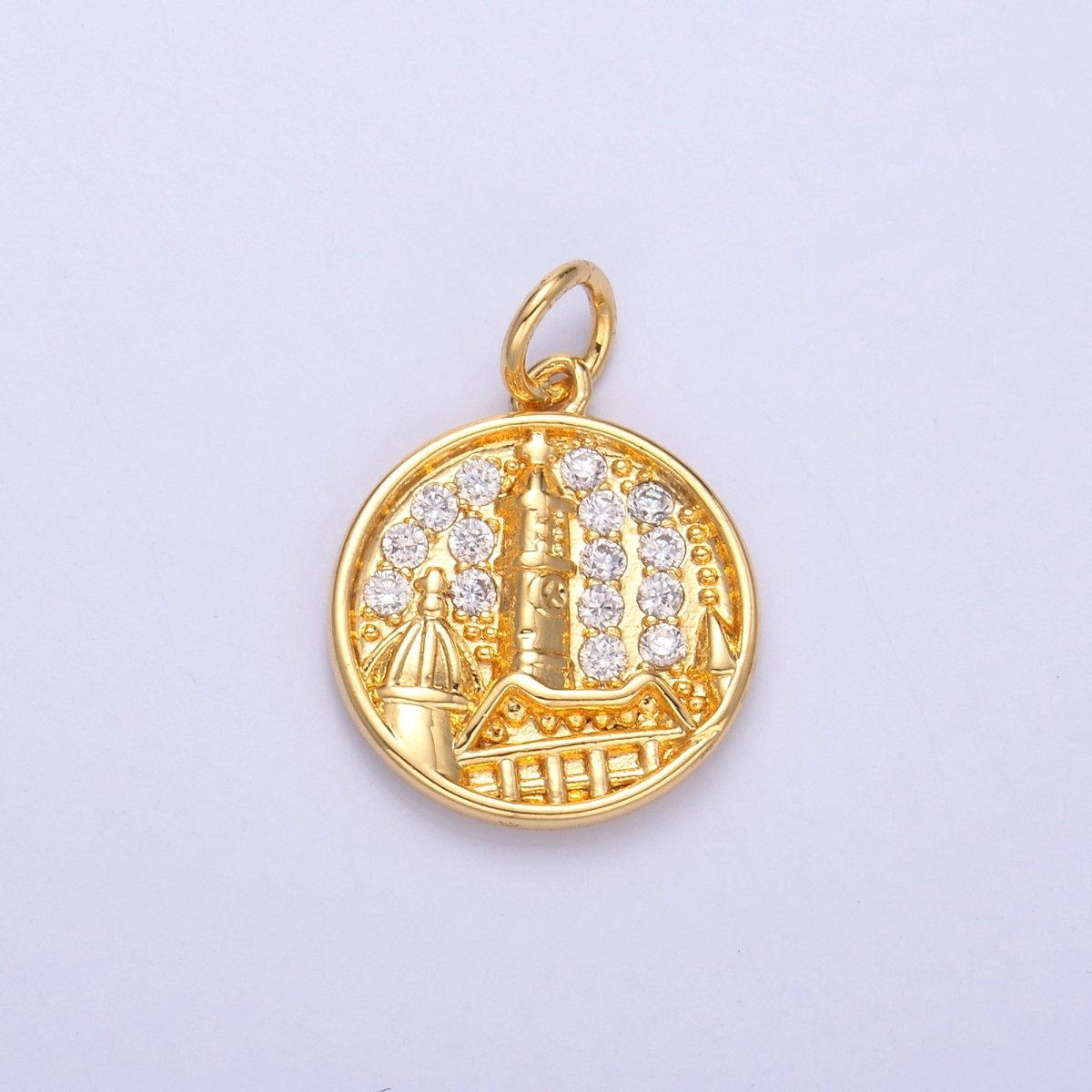 24K Gold Filled Micro Paved CZ Town City Round Charm in Gold & Silver | C049 - DLUXCA