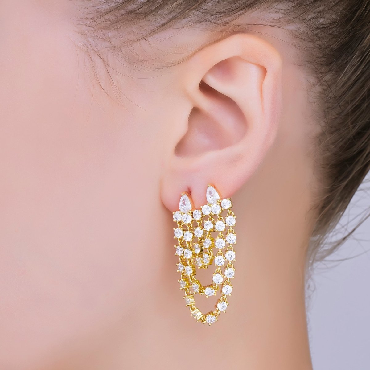 24K Gold Filled Micro Paved CZ Triple Layer Chains Linked Double - Studs Earrings in Gold & Silver | Q440 - DLUXCA