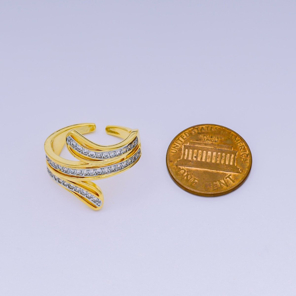 24K Gold Filled Micro Paved CZ Triple Line Wrap Adjustable Ring | O - 1486 - DLUXCA