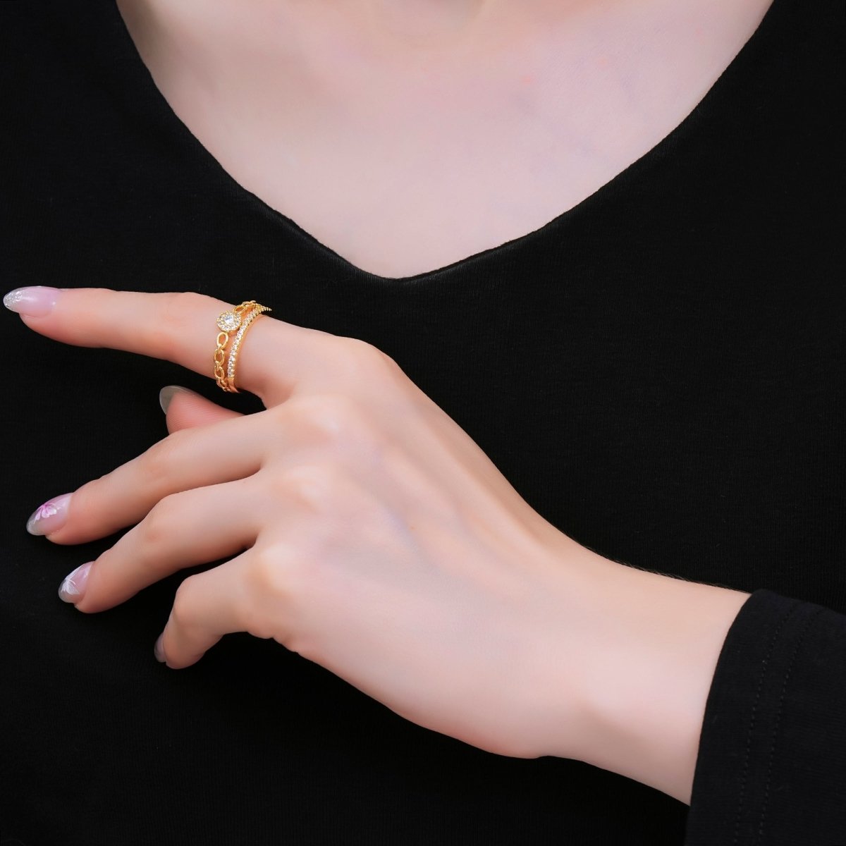 24K Gold Filled Micro Paved Double Sun Star Chain Simple Crown Ring | O - 1455 - DLUXCA