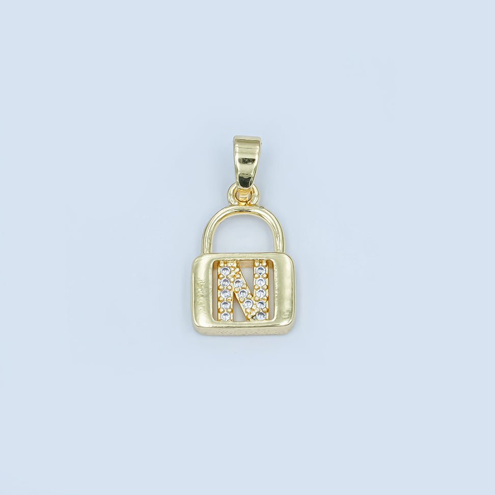 24K Gold Filled Micro Paved Initial Letter Padlock Pendant | A001 - A013 - DLUXCA