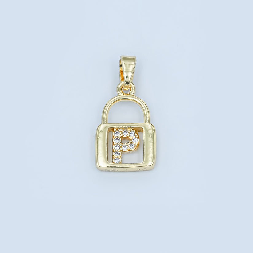 24K Gold Filled Micro Paved Initial Letter Padlock Pendant | A001 - A013 - DLUXCA