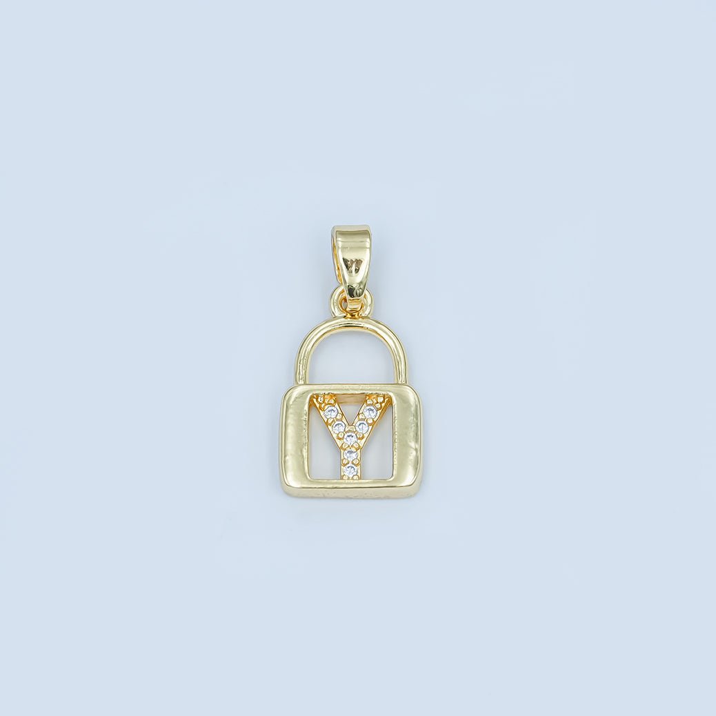 24K Gold Filled Micro Paved Initial Letter Padlock Pendant | A001 - A013 - DLUXCA