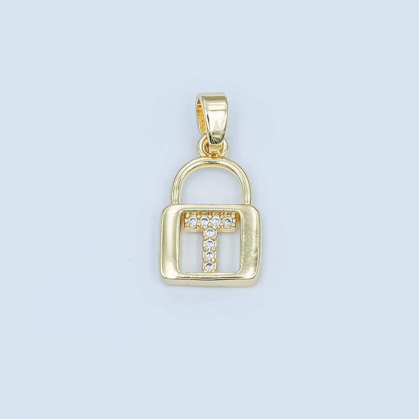 24K Gold Filled Micro Paved Initial Letter Padlock Pendant | A001 - A013 - DLUXCA