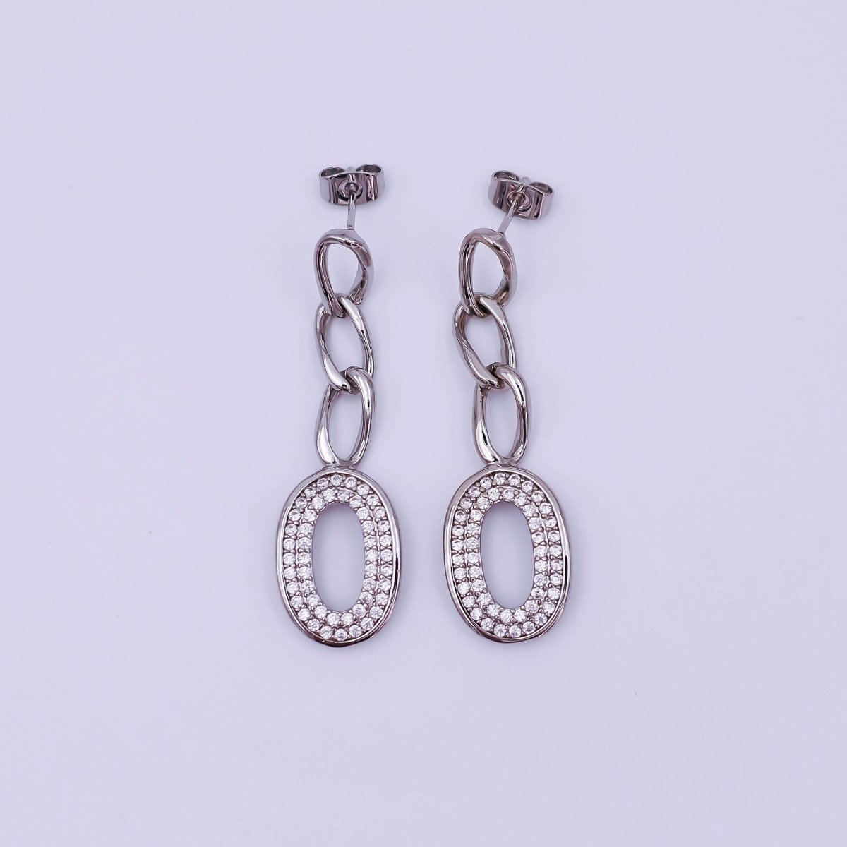 24K Gold Filled Micro Paved Oblong Chain Drop Stud Earrings in Gold & Silver | AI544 AI495 - DLUXCA