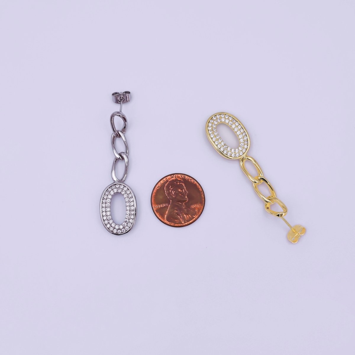 24K Gold Filled Micro Paved Oblong Chain Drop Stud Earrings in Gold & Silver | AI544 AI495 - DLUXCA