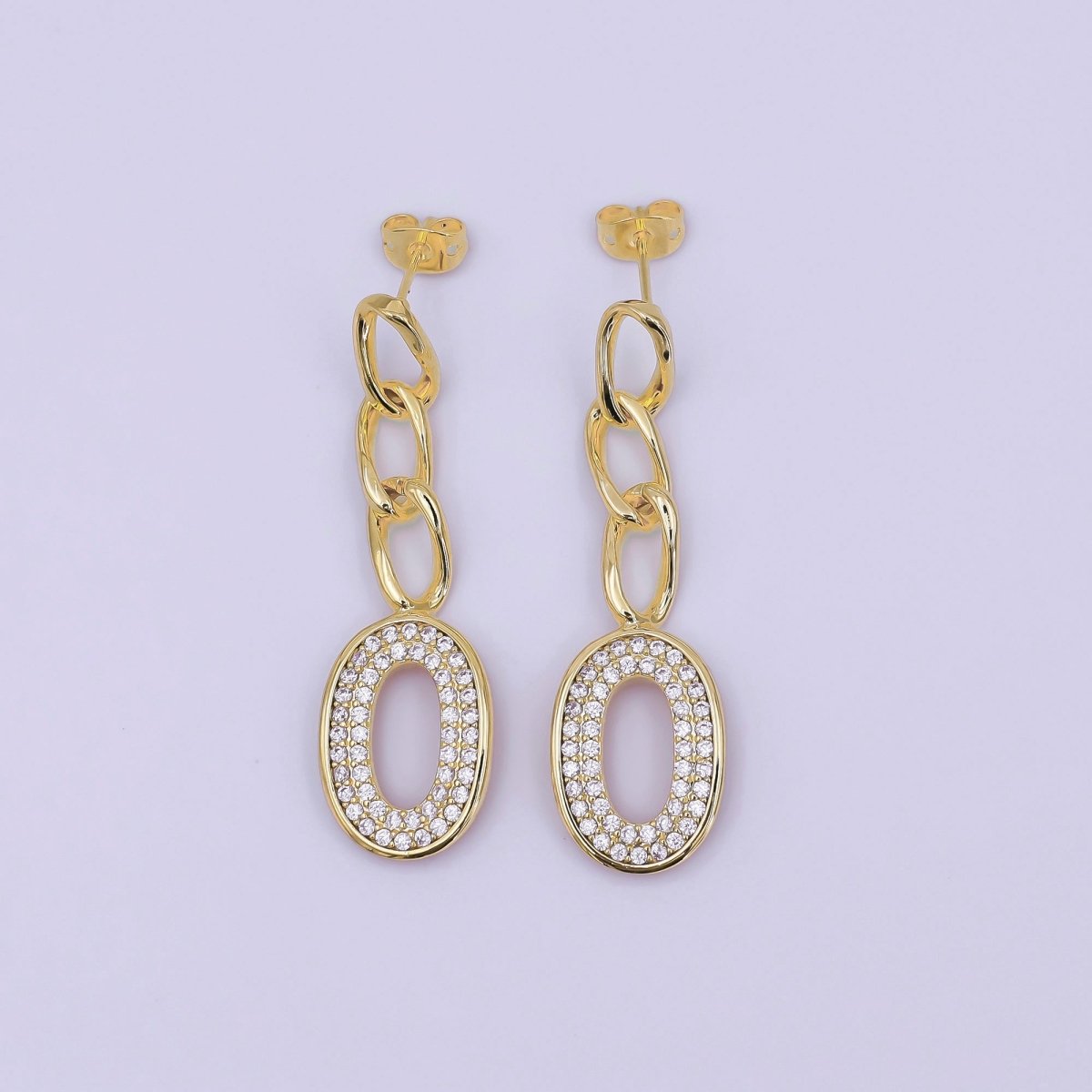 24K Gold Filled Micro Paved Oblong Chain Drop Stud Earrings in Gold & Silver | AI544 AI495 - DLUXCA