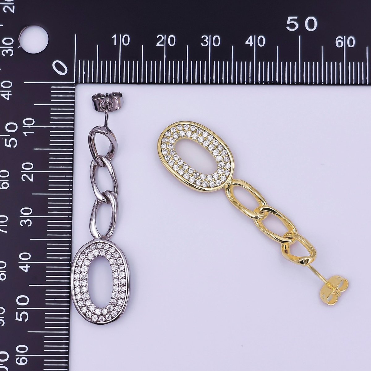 24K Gold Filled Micro Paved Oblong Chain Drop Stud Earrings in Gold & Silver | AI544 AI495 - DLUXCA