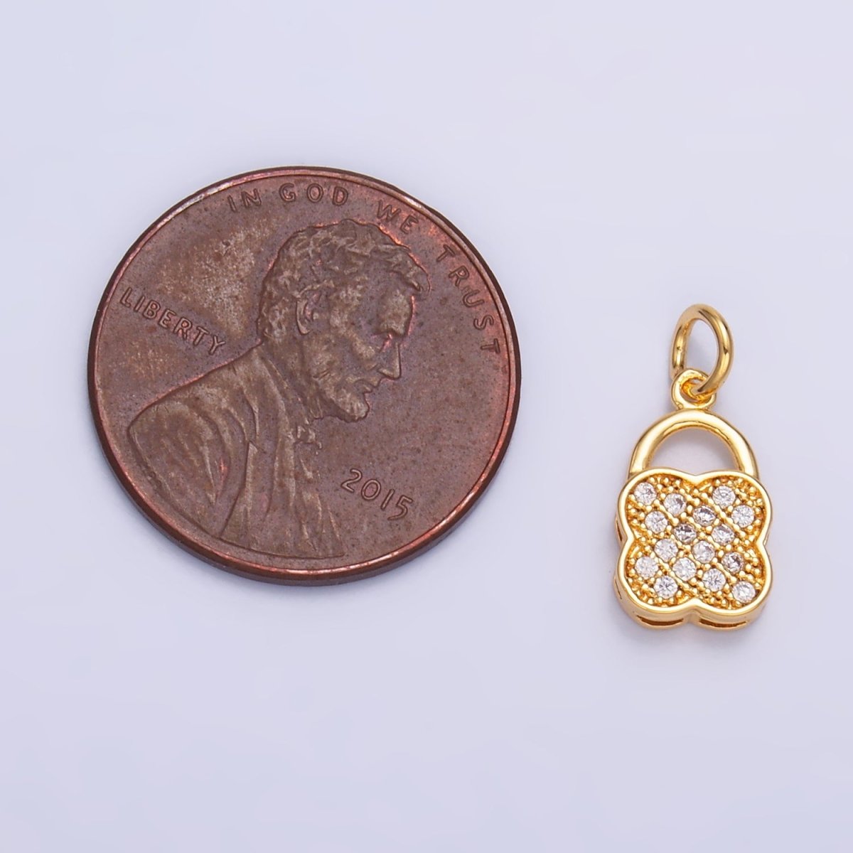 24K Gold Filled Micro Paved Quatrefoil Padlock Charm in Gold & Silver | W870 - DLUXCA