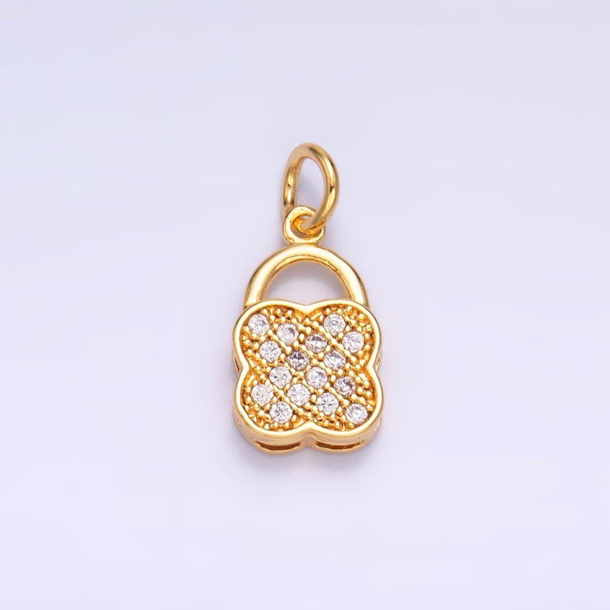 24K Gold Filled Micro Paved Quatrefoil Padlock Charm in Gold & Silver | W870 - DLUXCA