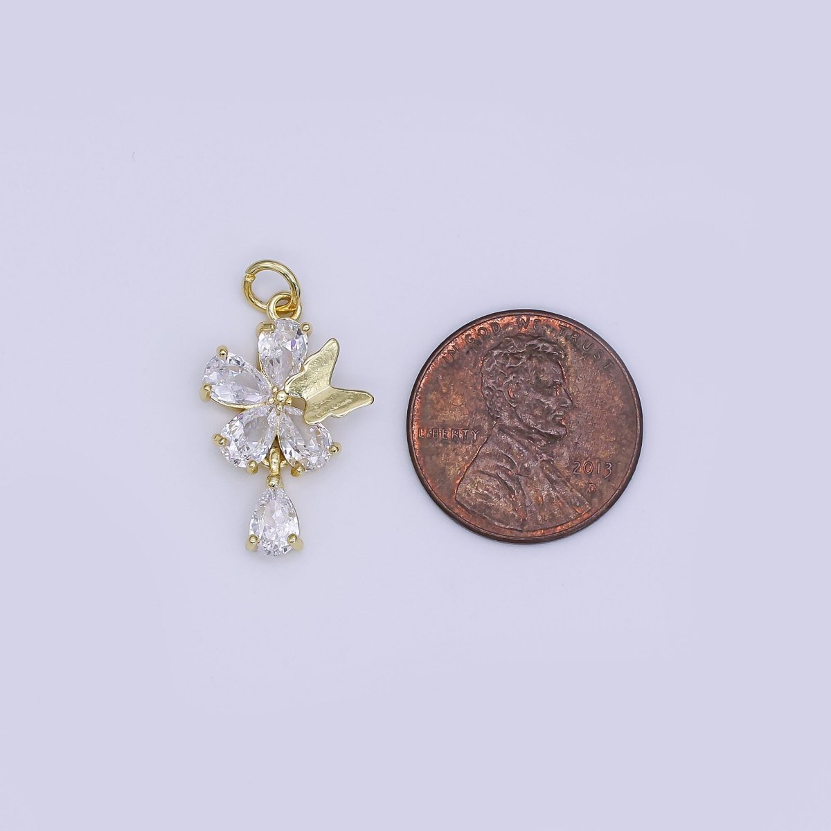 24K Gold Filled Mini Flower CZ with Butterfly Charm | AJ - 365 - DLUXCA