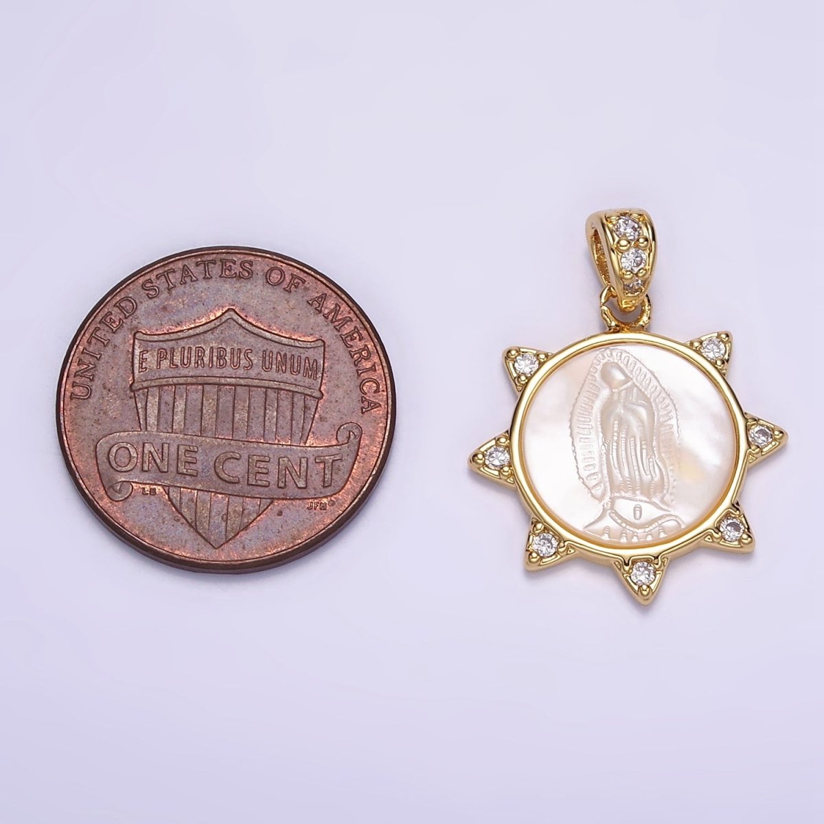24K Gold Filled Miraculous Mary Celestial Sun CZ Shell Pearl Pendant | AA057 - DLUXCA
