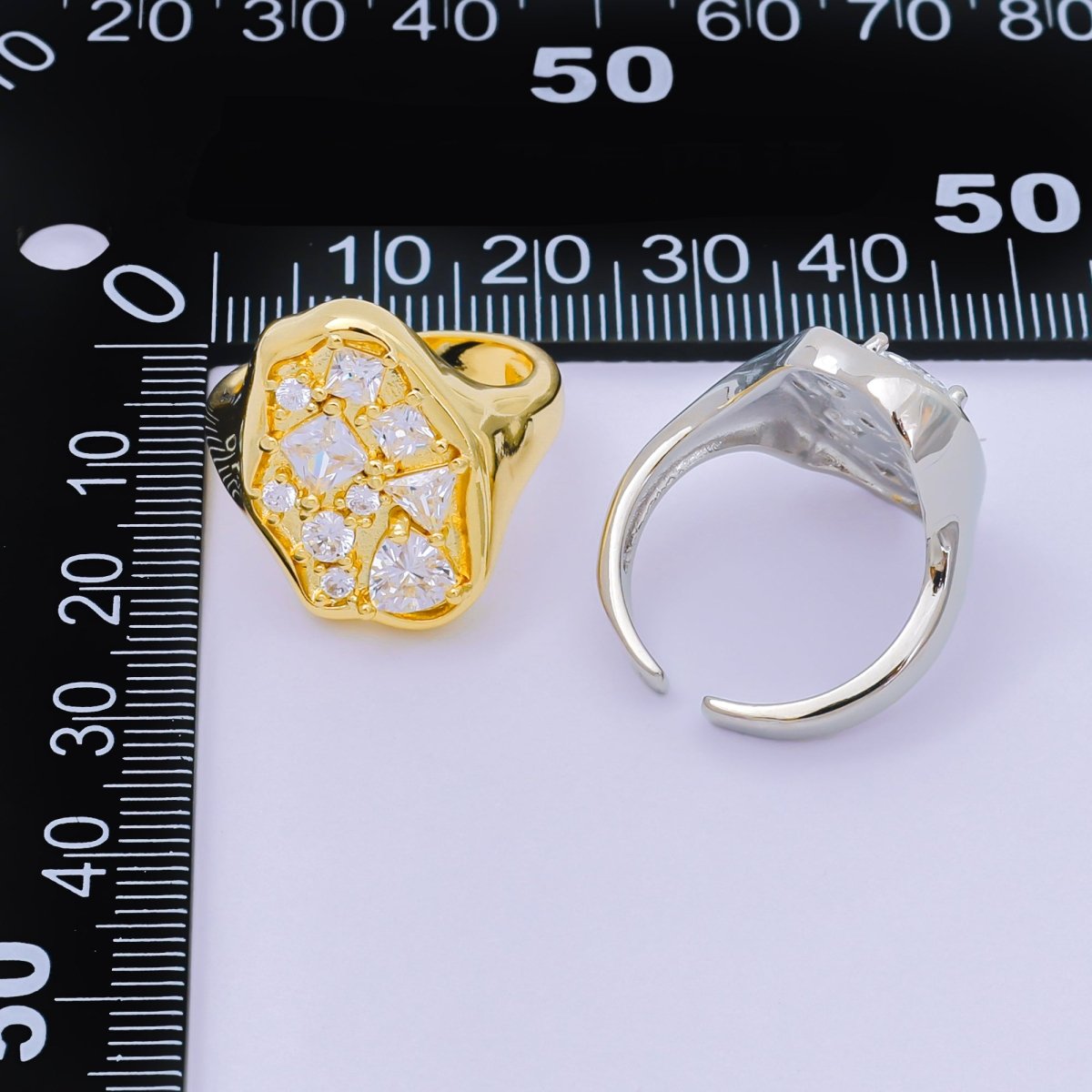 24K Gold Filled Mixed - Cut Clear CZ Abstract Cluster Adjustable Ring in Gold & Silver | O - 1081 O - 1091 - DLUXCA