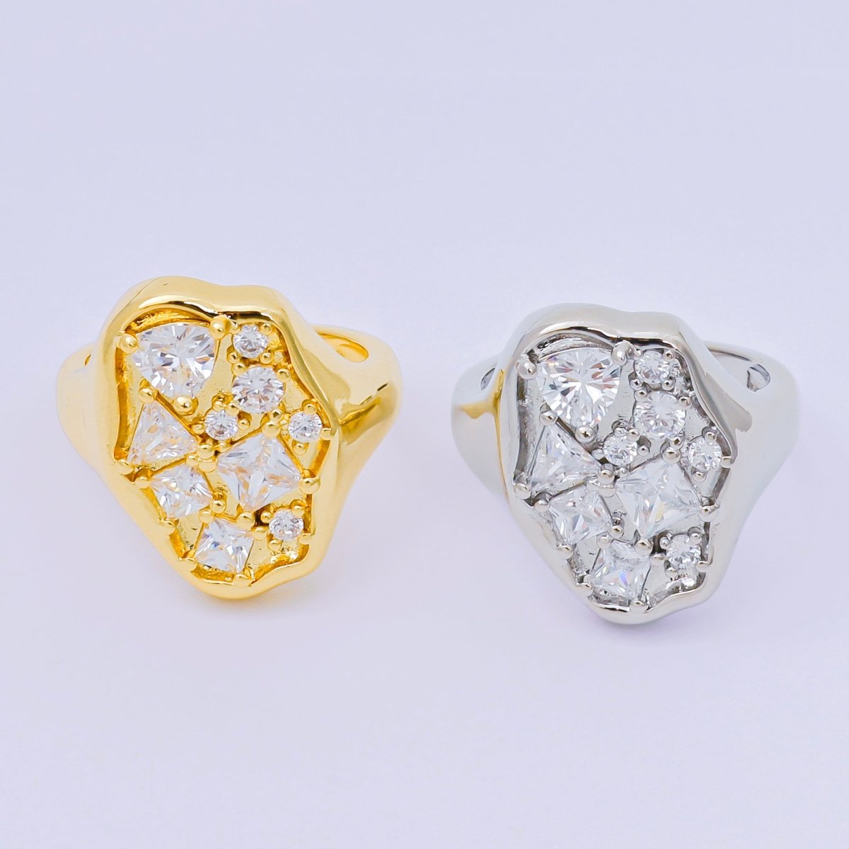 24K Gold Filled Mixed - Cut Clear CZ Abstract Cluster Adjustable Ring in Gold & Silver | O - 1081 O - 1091 - DLUXCA
