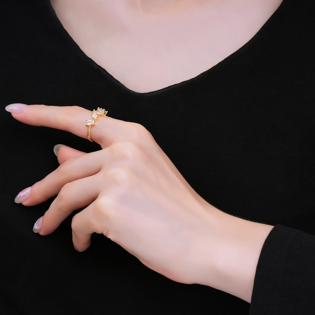 24K Gold Filled Mixed - Cut CZ Marquise Simple Round Adjustable Ring | O - 1453 - DLUXCA