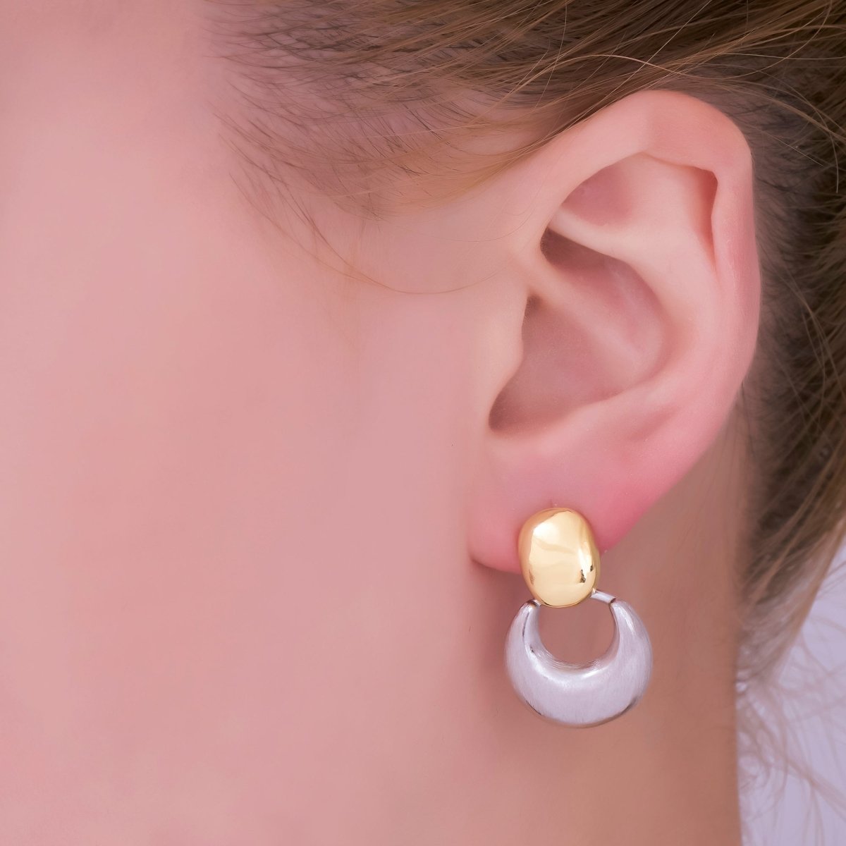 24K Gold Filled Mixed Metal Chubby Door Knocker Drop Stud Earrings | AB885 - DLUXCA