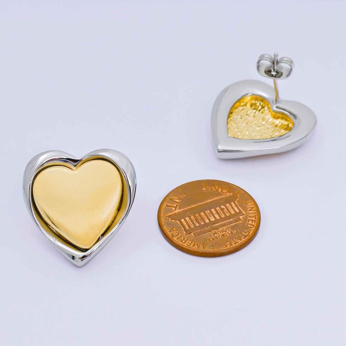 24K Gold Filled Mixed Metal Dual - Toned Heart Drop Stud Earrings | AB1595 - DLUXCA