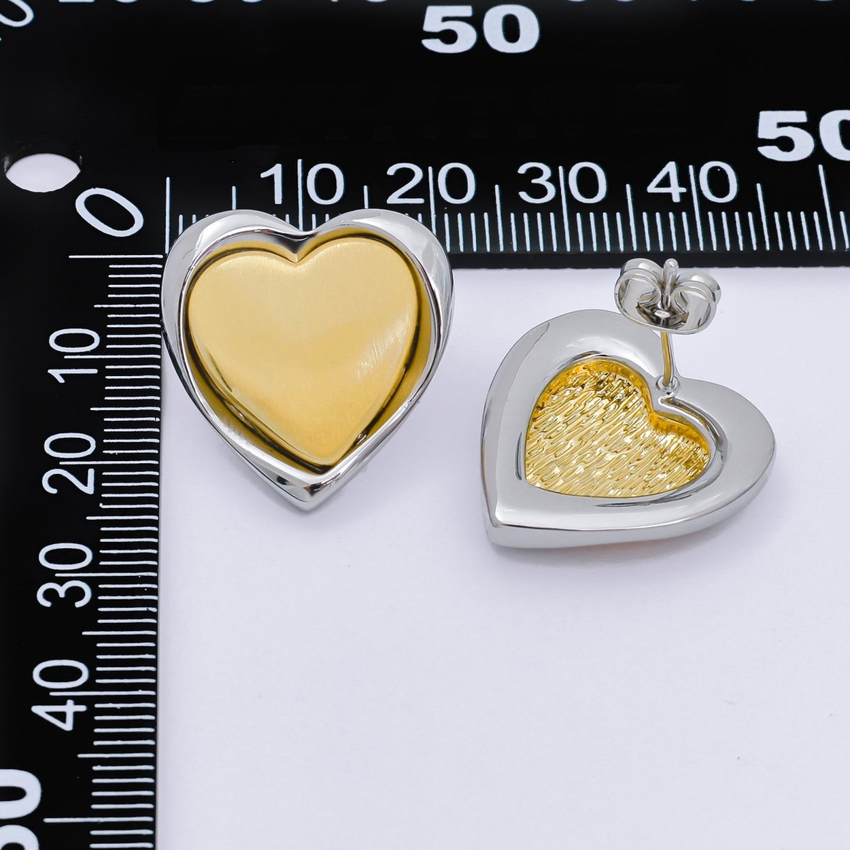24K Gold Filled Mixed Metal Dual - Toned Heart Drop Stud Earrings | AB1595 - DLUXCA