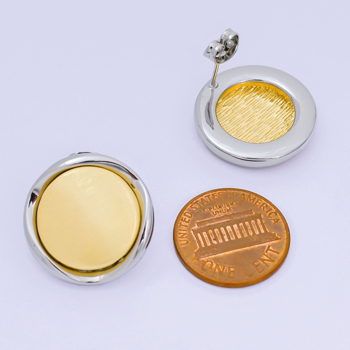 24K Gold Filled Mixed Metal Layered Circle Drop Stud Earrings | AB1596 - DLUXCA