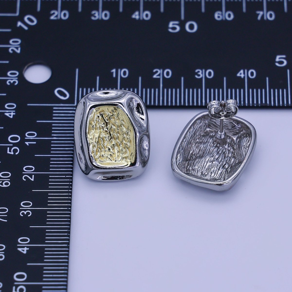 24K Gold Filled Mixed Metal Molten Rectangular Stud Earrings | V278 - DLUXCA