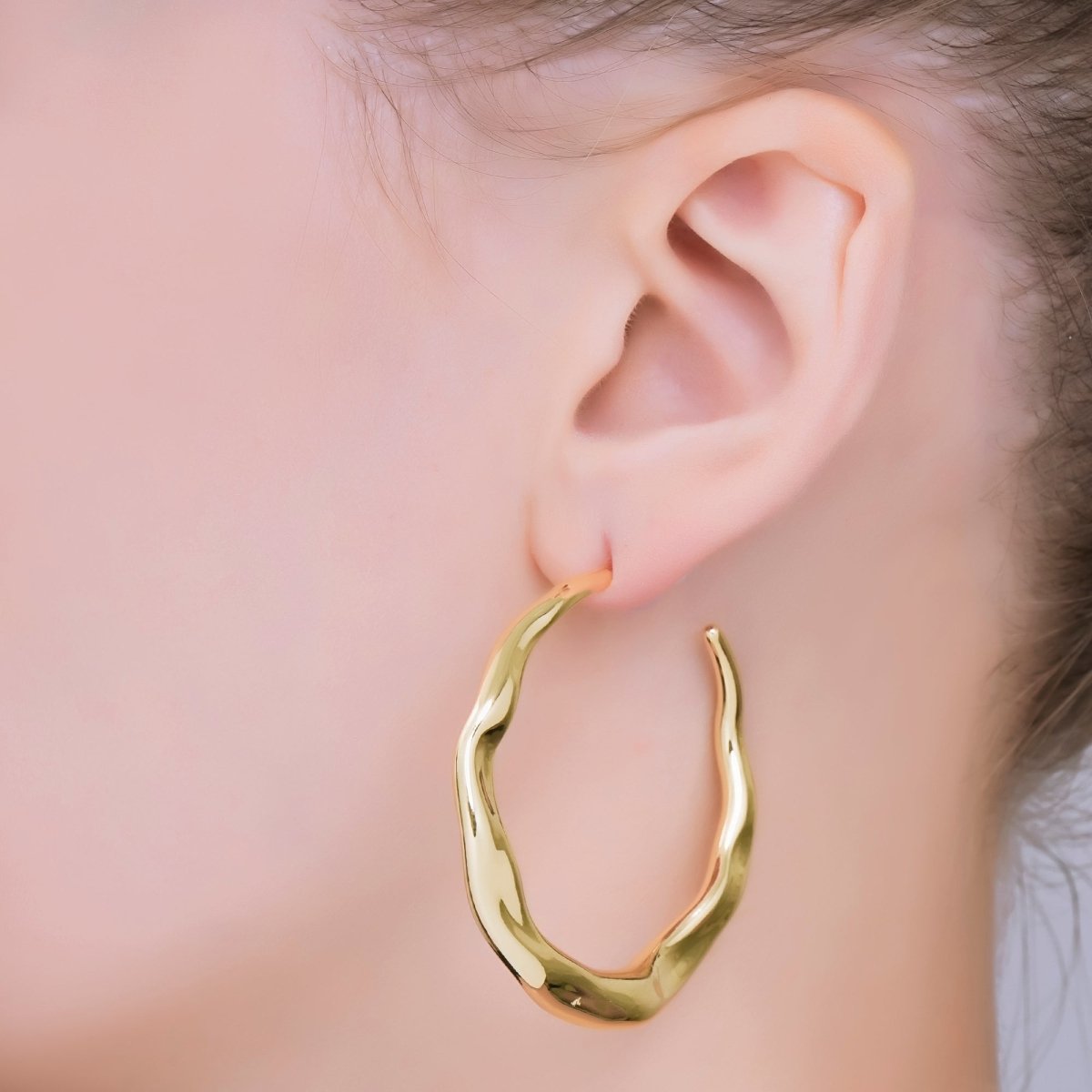 24K Gold Filled Molten Gold Modern Hoops Earrings 50mm | AJ - 078 - DLUXCA
