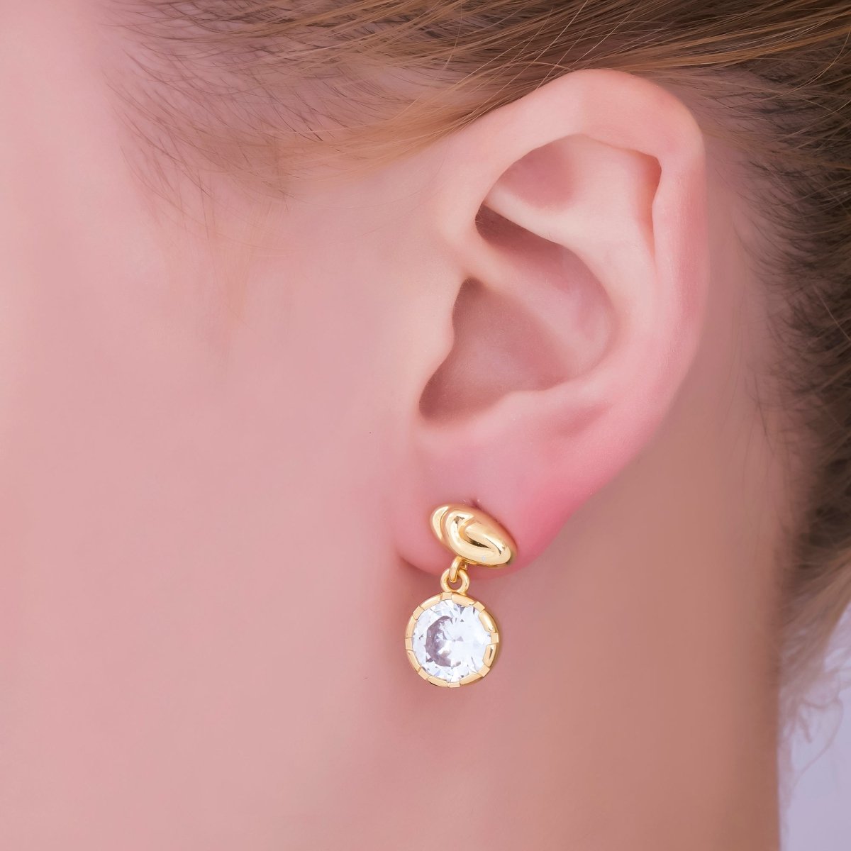 24K Gold Filled Molten Oval Clear Round CZ Drop Stud Earrings | AI506 - DLUXCA
