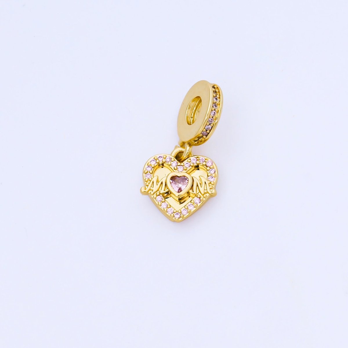 24K Gold Filled "MOM" Double Heart Pink Micro Paved CZ Rondelle Drop Pendant | AF1569 - DLUXCA