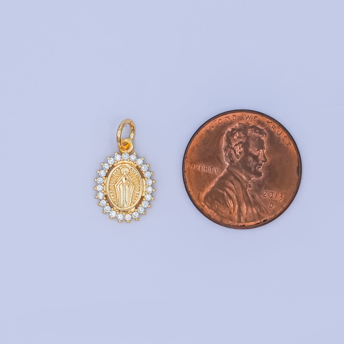 24K Gold Filled Mother Mary Micro Paved CZ Oval Mini Charm | M804 - DLUXCA