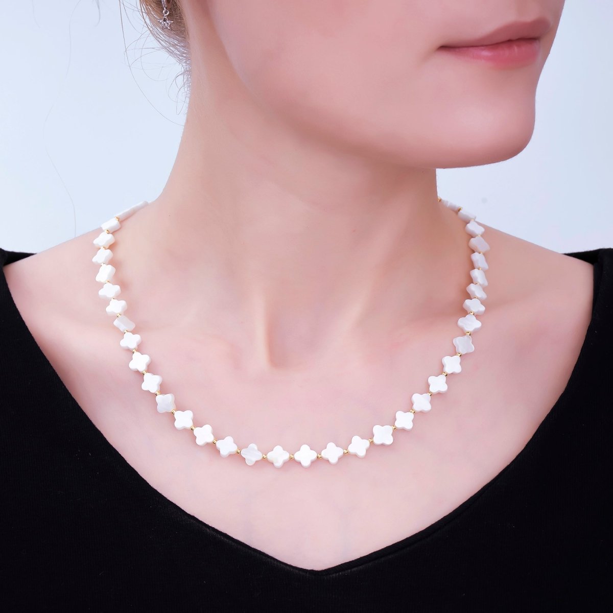 24K Gold Filled Mother of Pearl 4 - Leaf Lucky Fortune Clover Necklace 17.12 Inch with Extender | WA - 3344 - DLUXCA