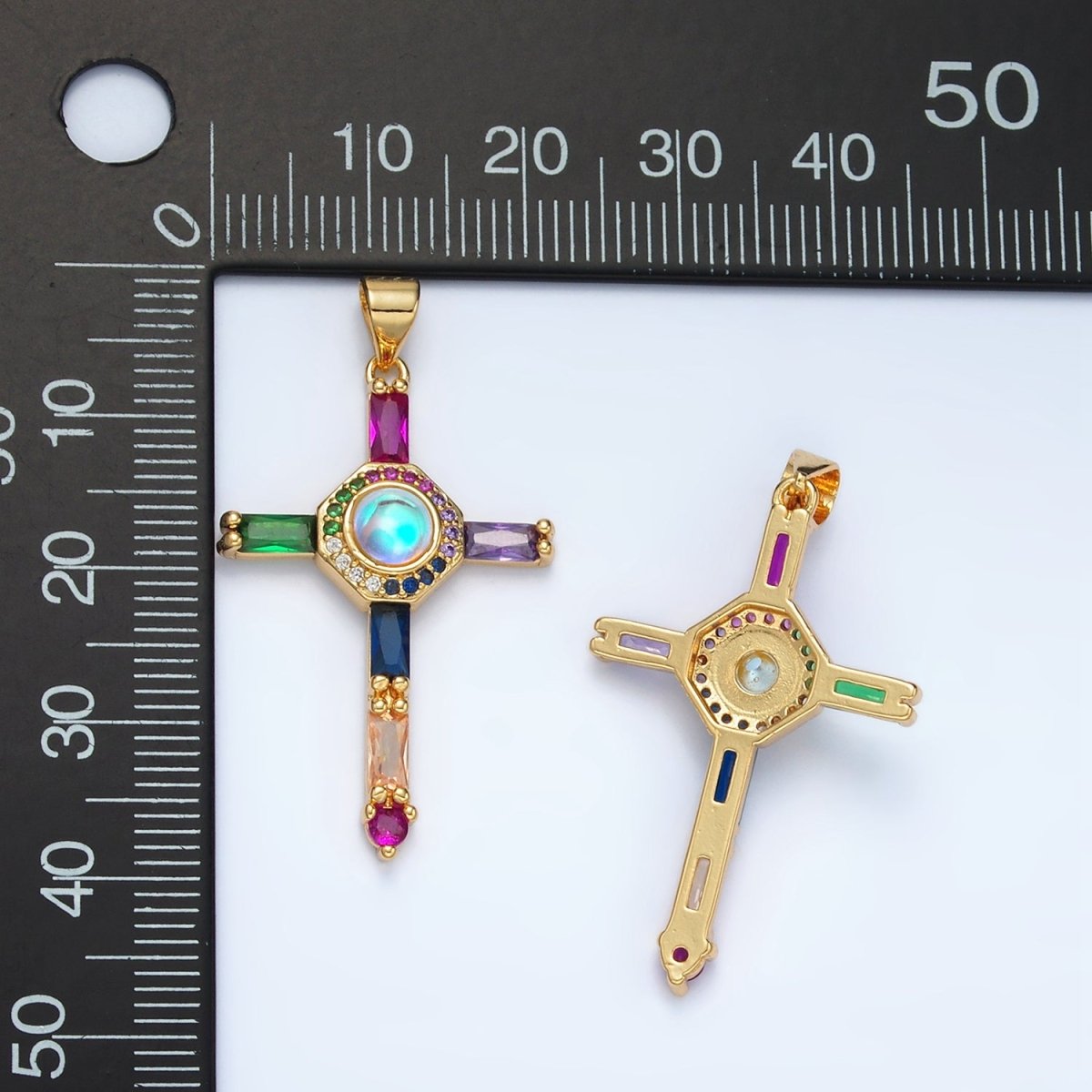 24K Gold Filled Multicolor Baguette Micro Paved CZ Cross Pendant | AA1365 - DLUXCA