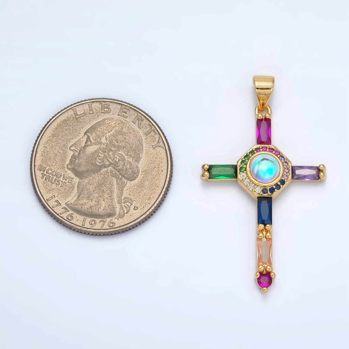 24K Gold Filled Multicolor Baguette Micro Paved CZ Cross Pendant | AA1365 - DLUXCA