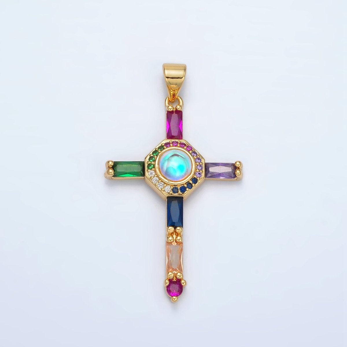 24K Gold Filled Multicolor Baguette Micro Paved CZ Cross Pendant | AA1365 - DLUXCA