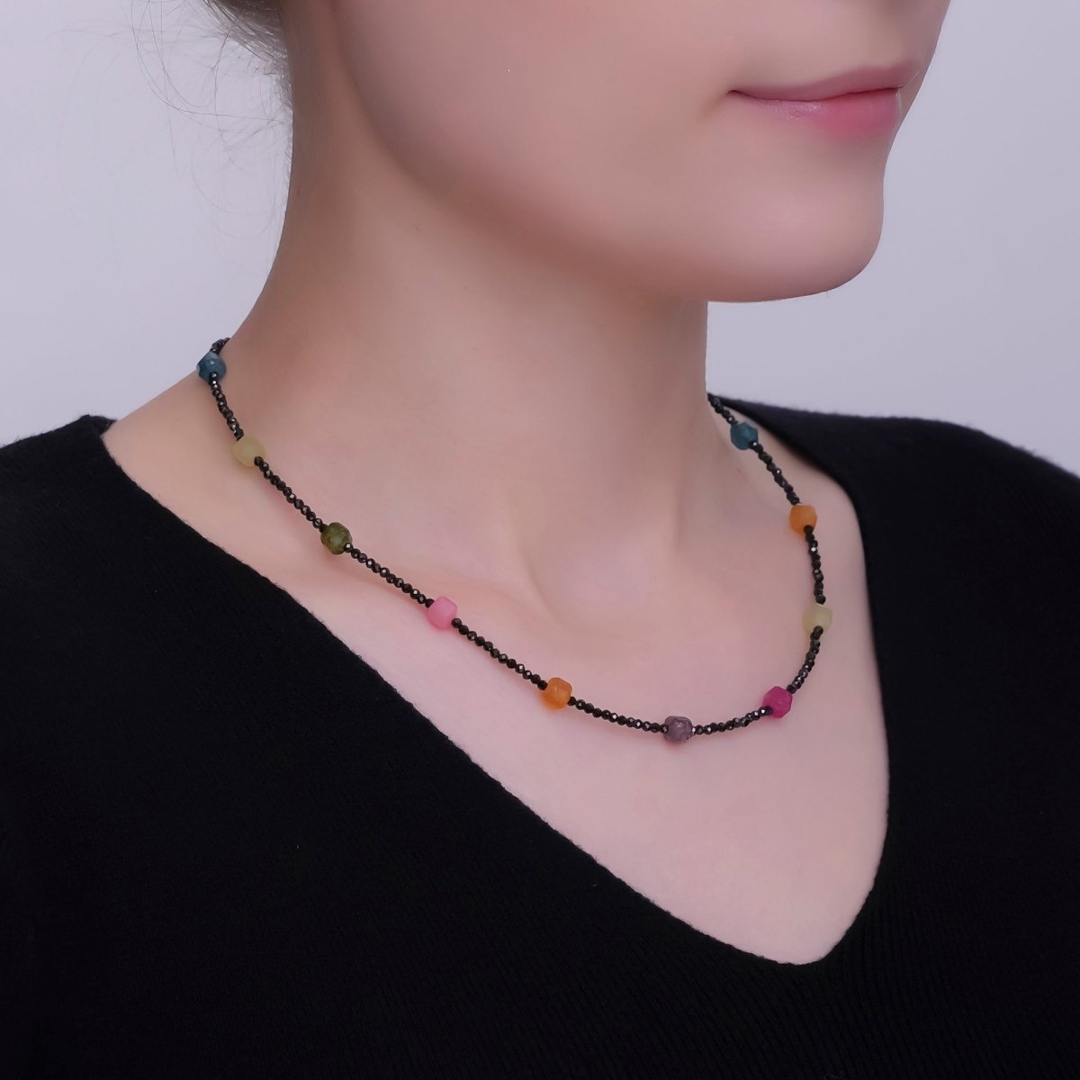 24K Gold Filled Multicolor Black Gemstone Gemstone Bead 16.5 Inch Necklace | WA - 2867 - DLUXCA