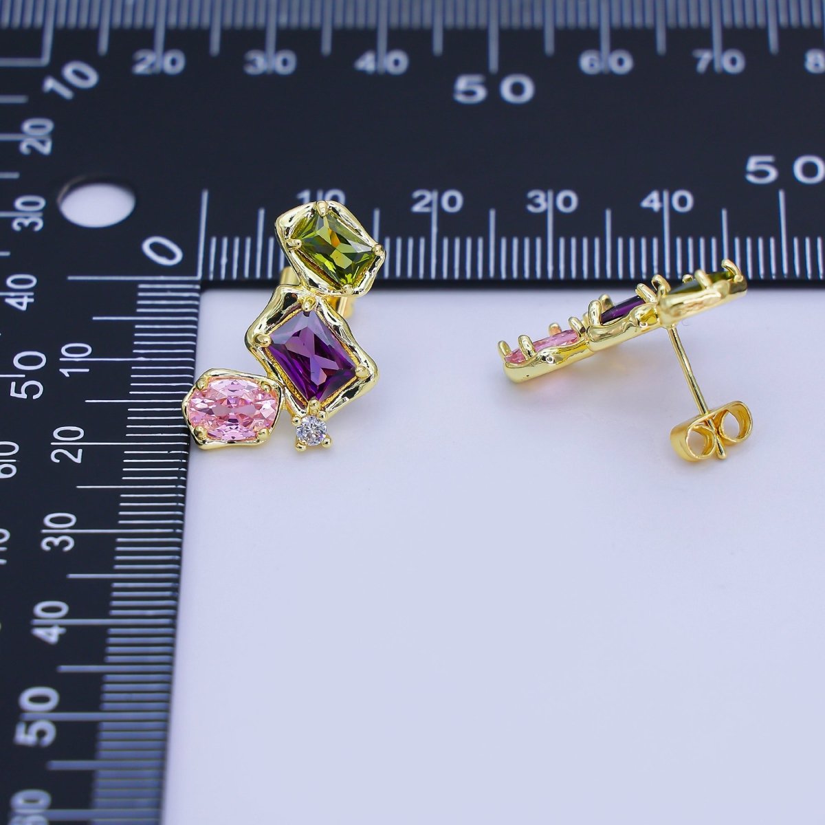24K Gold Filled Multicolor CZ Baguette Molten CZ Stud Earrings | AI465 - DLUXCA