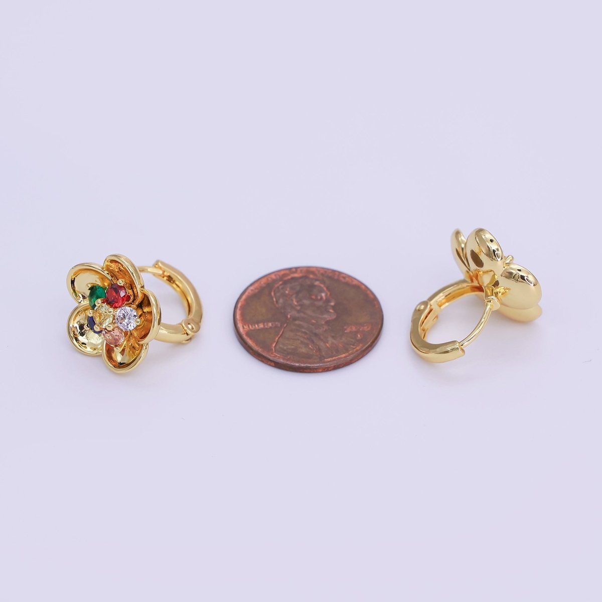 24K Gold Filled Multicolor CZ Cluster Flower Huggie Earrings | AI540 - DLUXCA