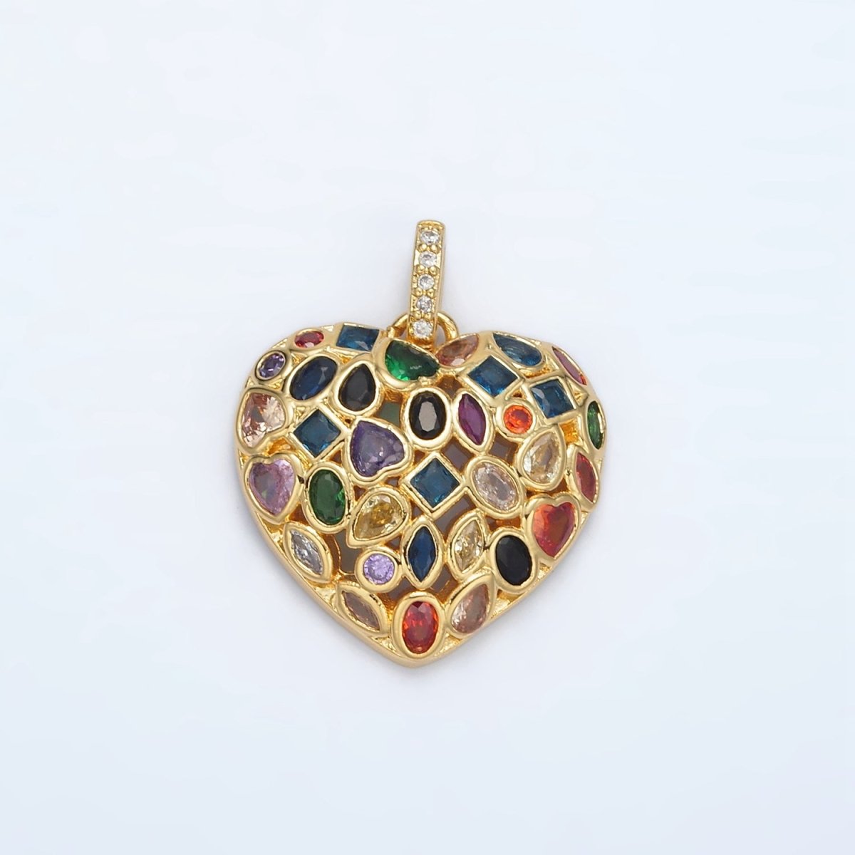 24K Gold Filled Multicolor CZ Geometric Heart Micro Paved CZ Bail Pendant | AA1366 - DLUXCA