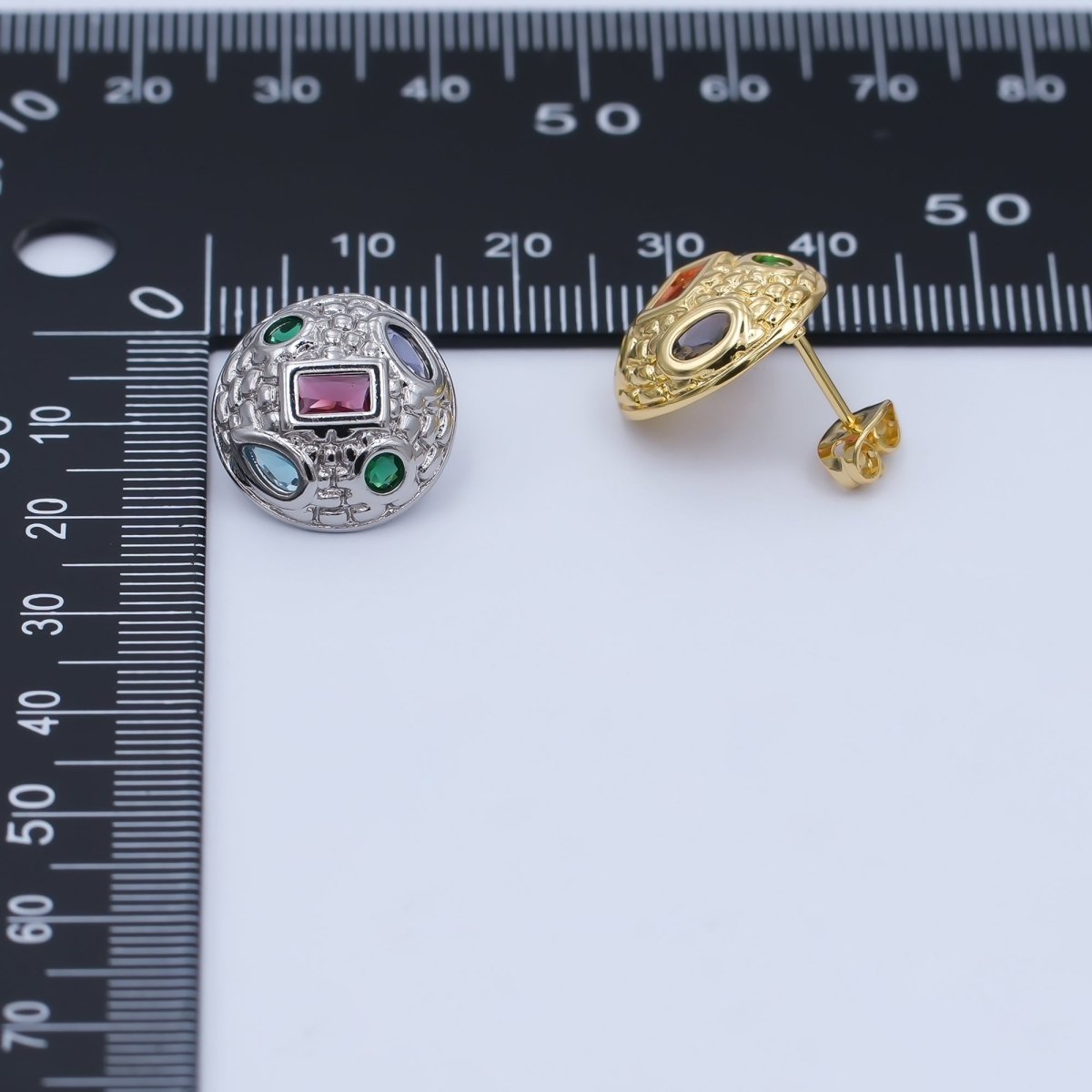 24K Gold Filled Multicolor CZ Hammered Dome Round Stud Earrings in Gold & Silver | AI474 AI494 - DLUXCA