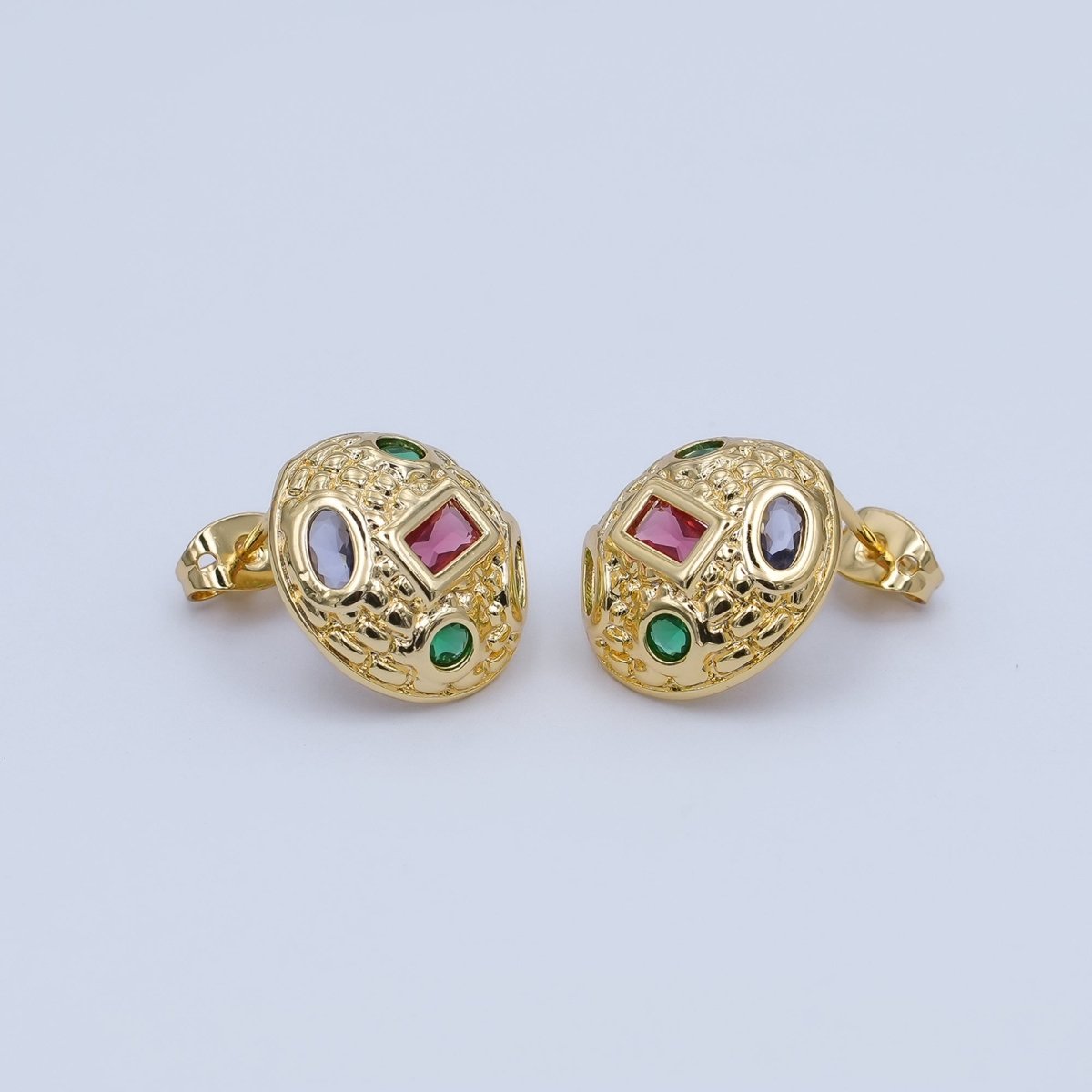 24K Gold Filled Multicolor CZ Hammered Dome Round Stud Earrings in Gold & Silver | AI474 AI494 - DLUXCA