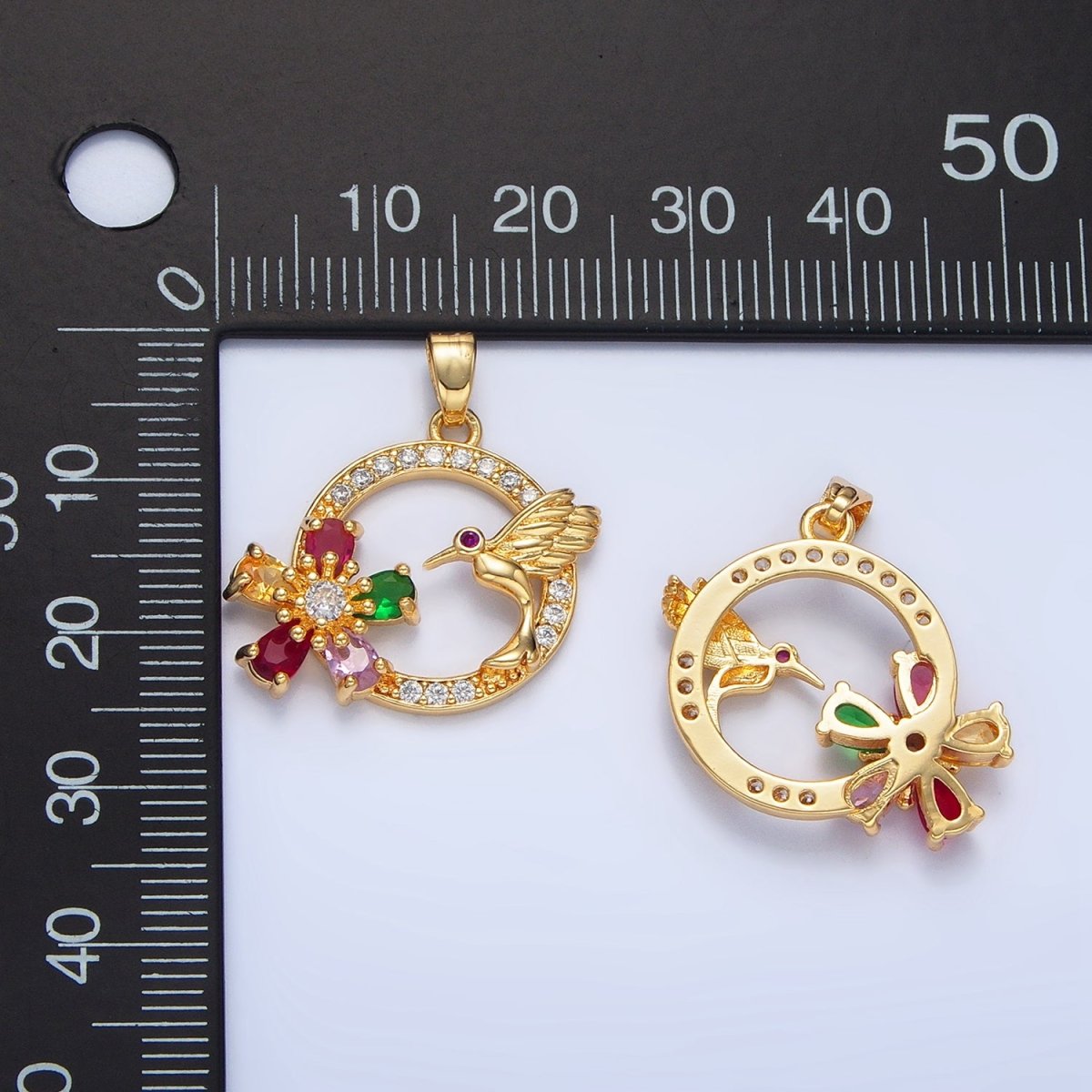 24K Gold Filled Multicolor CZ Micro Paved CZ Bird Open Round Pendant | H848 - DLUXCA