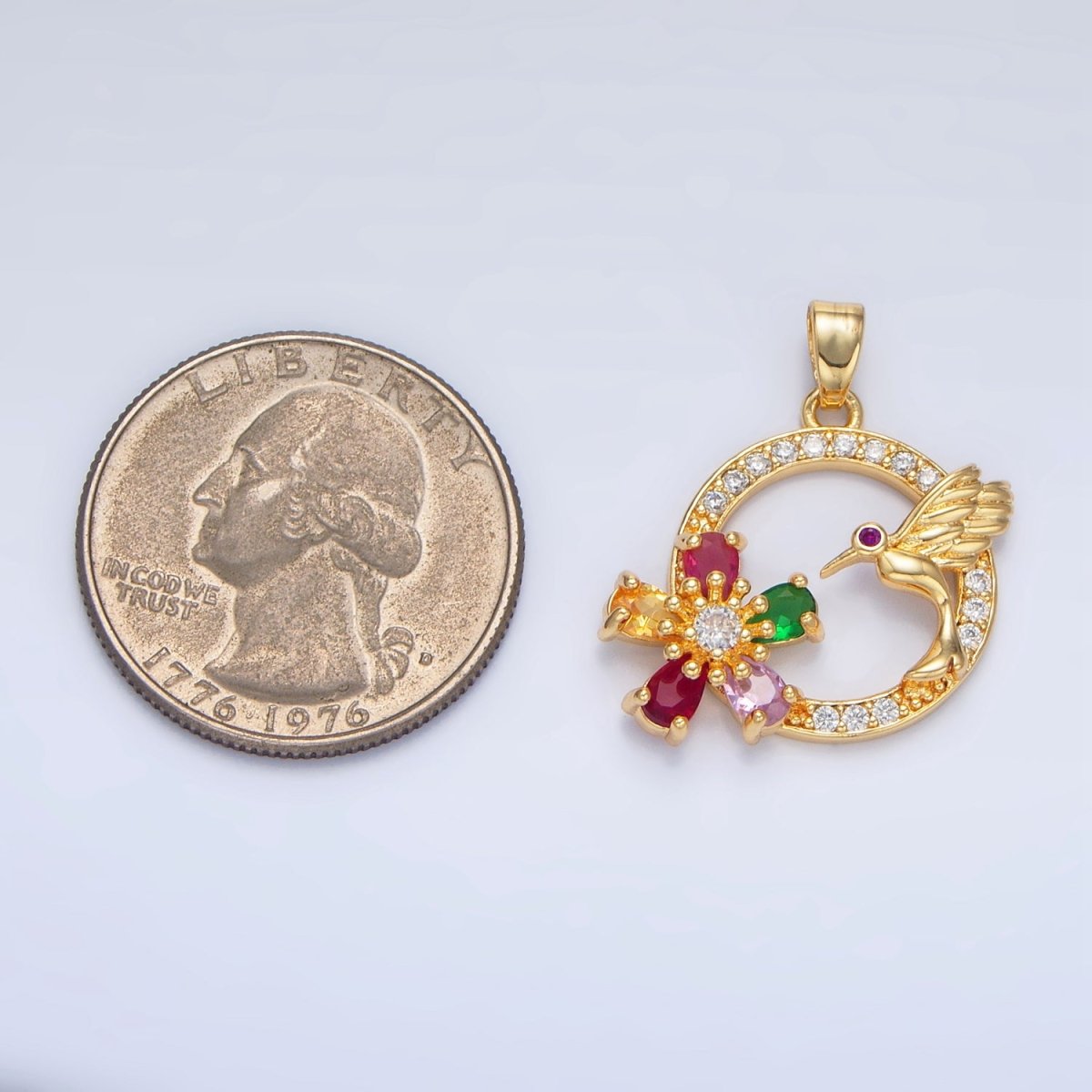 24K Gold Filled Multicolor CZ Micro Paved CZ Bird Open Round Pendant | H848 - DLUXCA