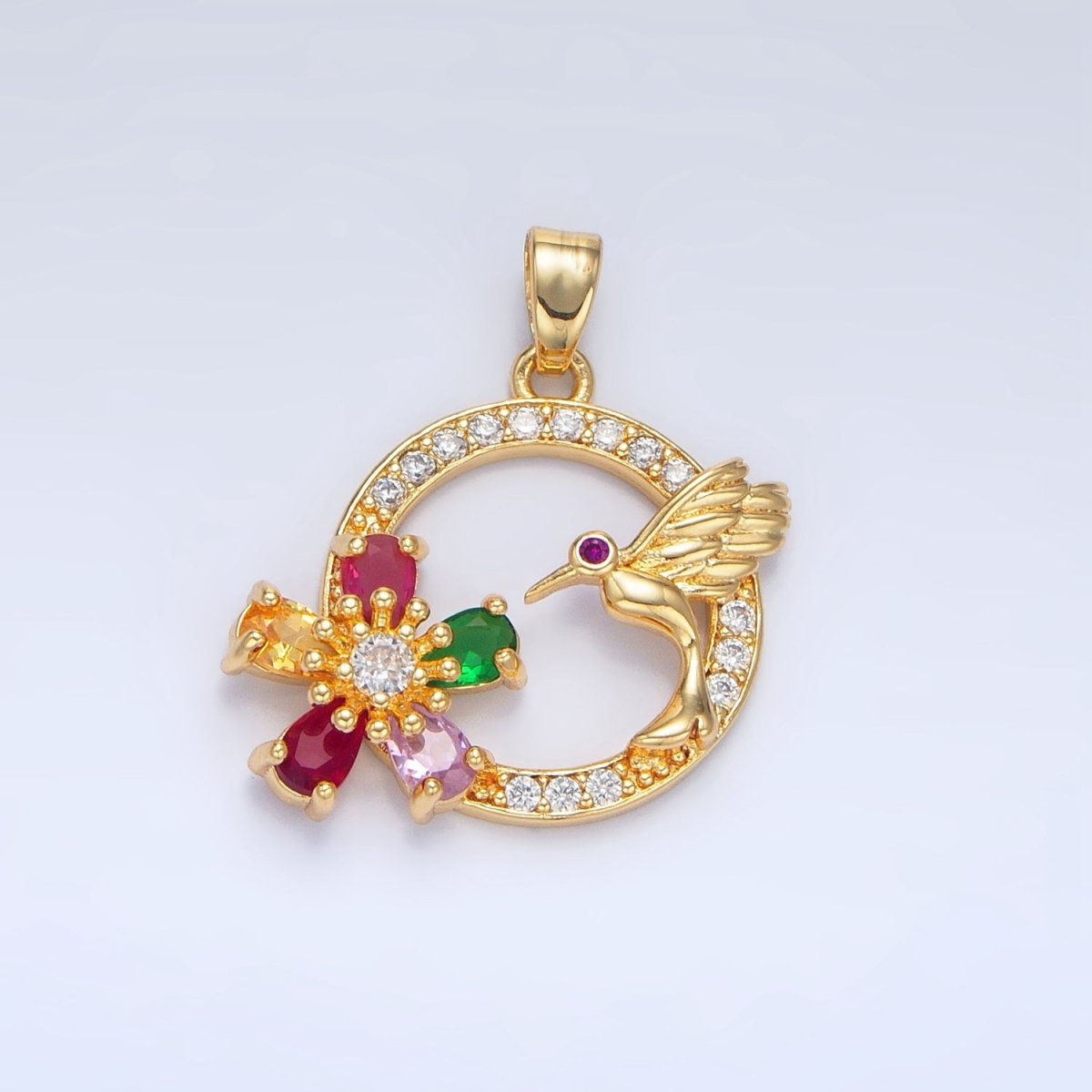 24K Gold Filled Multicolor CZ Micro Paved CZ Bird Open Round Pendant | H848 - DLUXCA