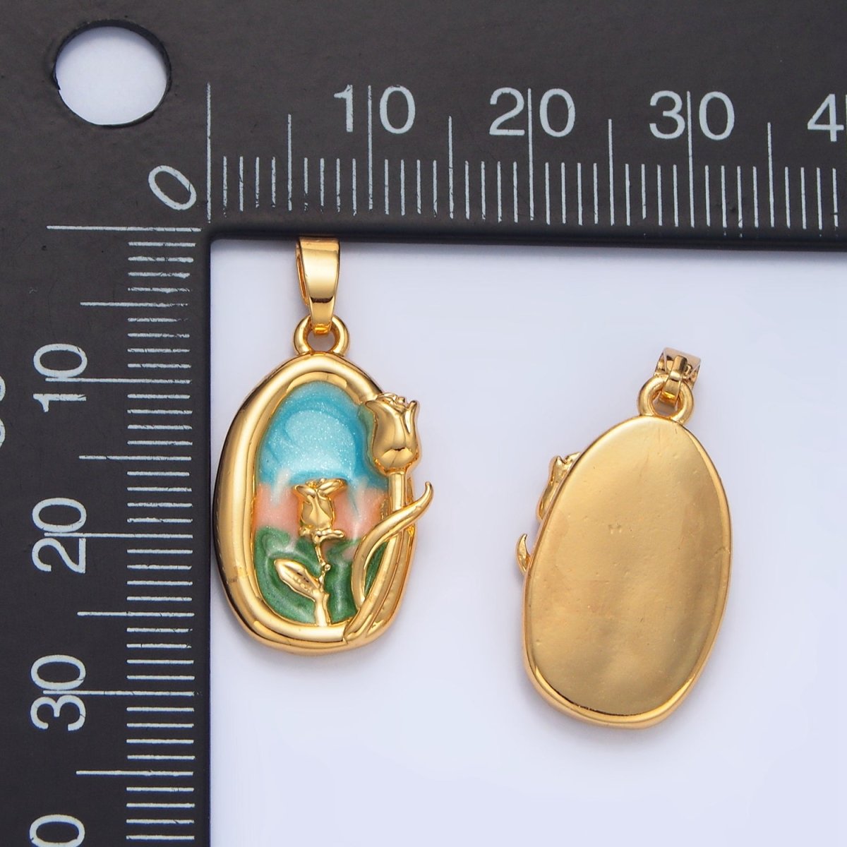 24K Gold Filled Multicolor Enamel Rose Floral Stamped Pendant | AA988 - DLUXCA