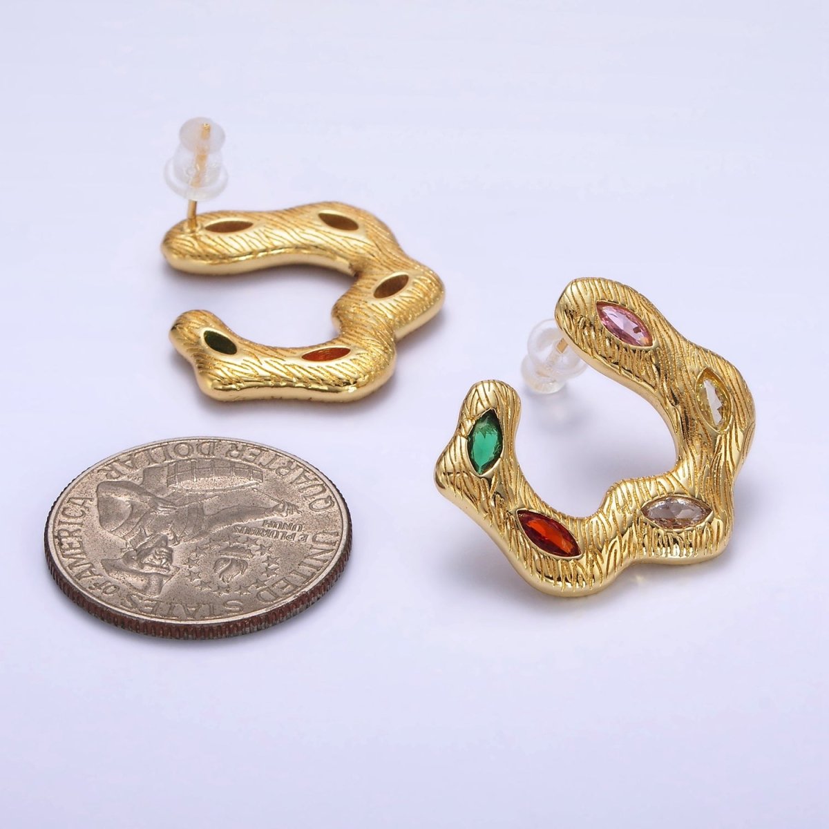 24K Gold Filled Multicolor Marquise CZ Wavy Line-Textured Stud Earrings Set | P526 - DLUXCA