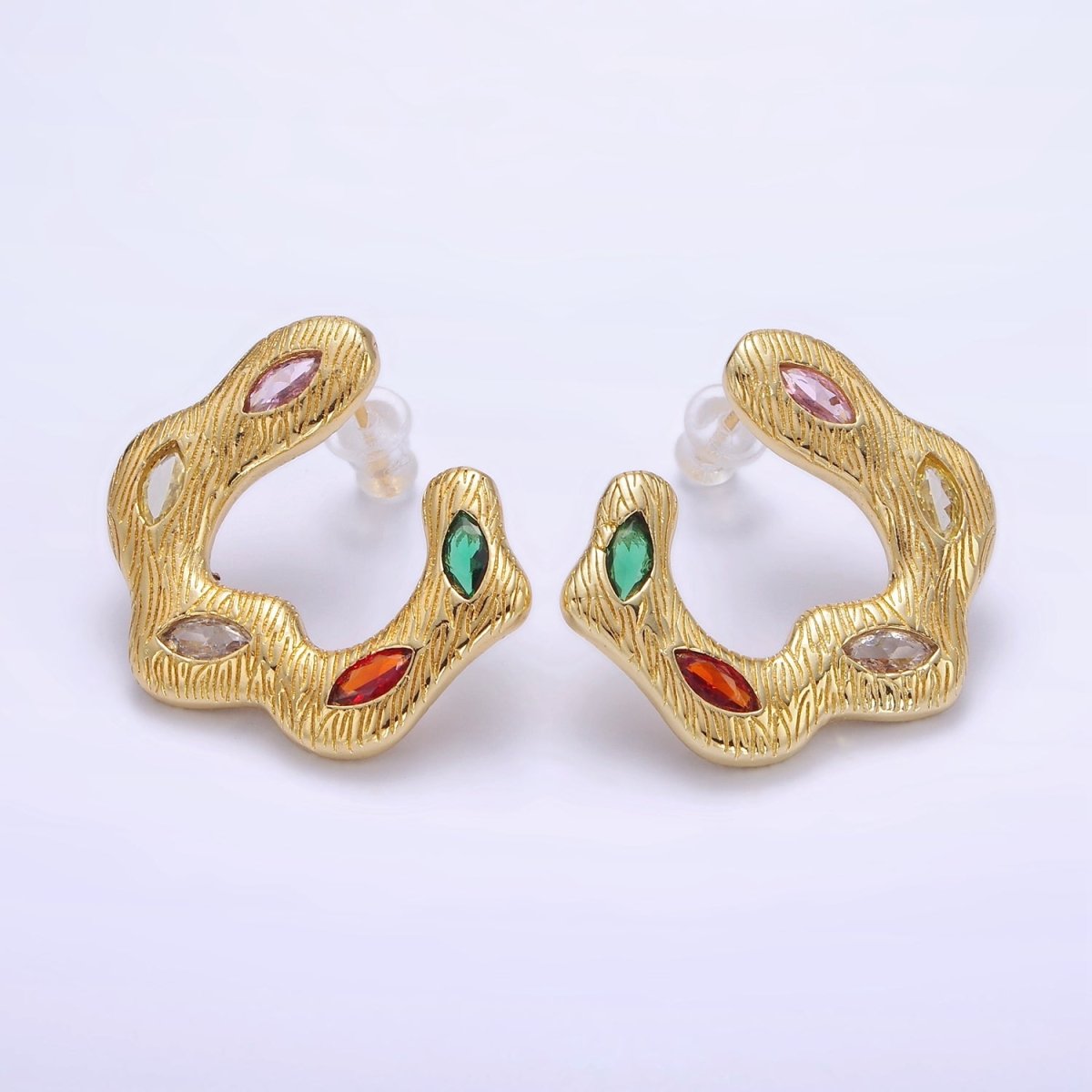 24K Gold Filled Multicolor Marquise CZ Wavy Line-Textured Stud Earrings Set | P526 - DLUXCA