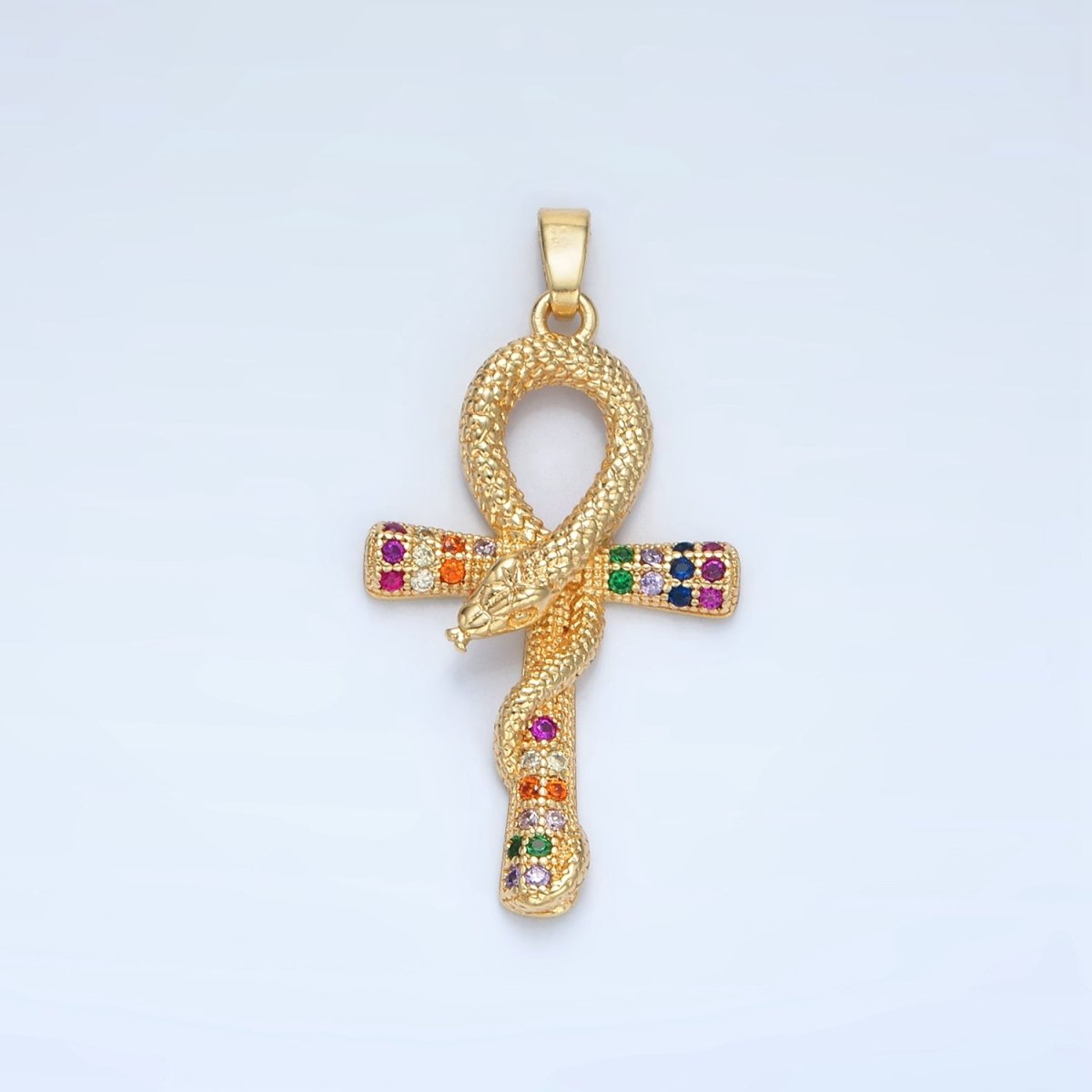 24K Gold Filled Multicolor Micro Paved CZ Snake Ankh Cross Pendant | AA864 - DLUXCA
