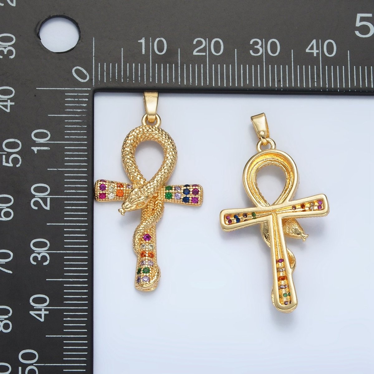 24K Gold Filled Multicolor Micro Paved CZ Snake Ankh Cross Pendant | AA864 - DLUXCA